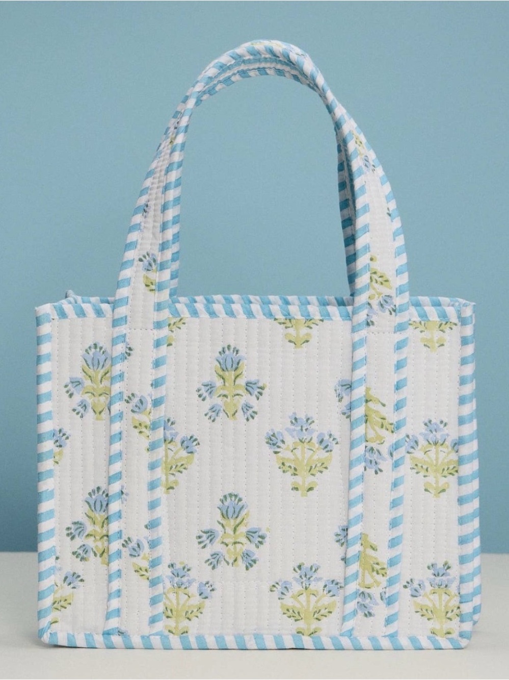 Quilted Floral Mini Tote Bag in Light Blue and White